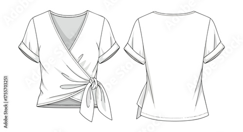 Technical Fashion Illustration: Wrap Top Design with Rolled Sleeves and Tie Detail Depicting Front and Back Views in Minimalist Style