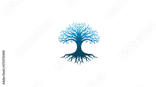Stylized blue tree silhouette with leaves and roots, on white
