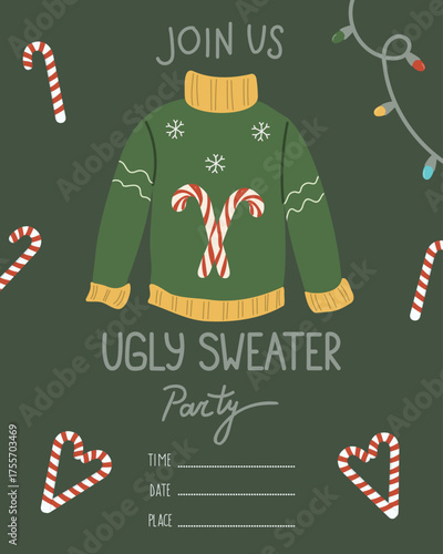 Ugly sweater party invitation template. Cute vertical vector illustration