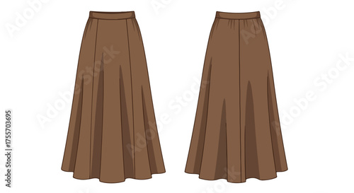 Sophisticated earth-toned long skirt design illustration showcasing front and back views for fashion and apparel visualization