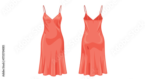 Elegant coral midi slip dress showcased in front and back views for fashion designs and illustrations