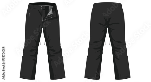 Detailed front and back view illustration of functional black snowboard pants perfect for winter sports adventures