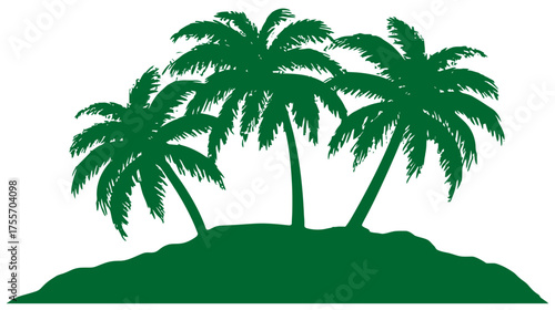 Three palm trees in green stand on a grassy mound silhouette