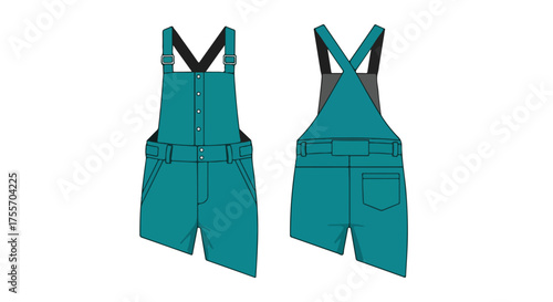 Teal denim overalls showcasing front and back views, modern workwear fashion garment with adjustable straps and belt accent, isolated on white