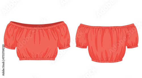 Charming coral off-shoulder top illustration showcasing both the front and back views for fashion design reference and apparel visualization