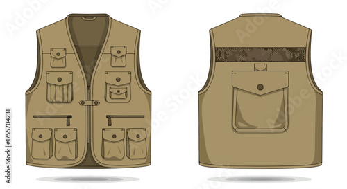 Detailed vector illustration showcasing a khaki utility vest from front and back perspectives designed for practical usage and outdoor activities
