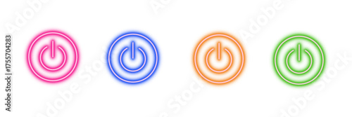 Neon glowing power button vector icons set, on off switch, standby, toggle, start, vibrant colorful digital design illustration on transparent background.