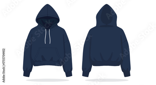 Stylish navy hooded sweatshirt vector template showcasing front and back designs for fashion illustration and apparel design isolated against white