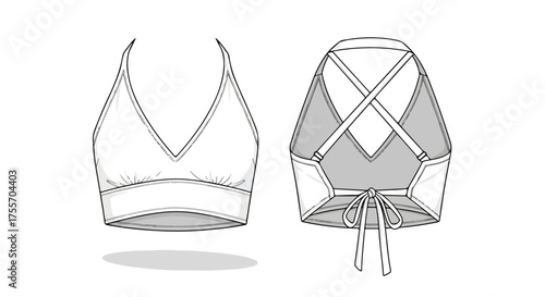 Fashionable halter top design showcasing front and back views with adjustable straps and a stylish tie closure detail