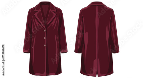 Elegant burgundy women's overcoat vector illustration, showcasing both the front and back design, perfect for autumnal fashion collections