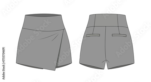 Fashion illustration showcasing a modern gray skort with a high waist design and pocket details displayed on a white background