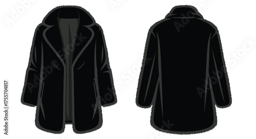 Luxurious Black Fur Coat Illustration Depicting Front and Back Views on a White Background Display