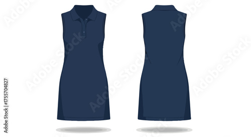 Sleeveless polo dress technical flat sketch, front and back views, navy blue color fashion garment for designers and apparel product development