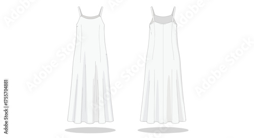 Elegant flowing white camisole dress presented from front and back views, showcasing minimalist design and soft feminine silhouette