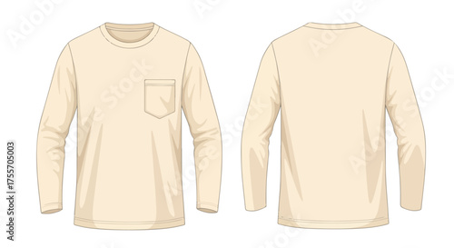 Beige Long-Sleeve Tee: Front and Back Views for Garment Design and Apparel Mockups Showcase Stylish Comfortable Warm Casual Wear