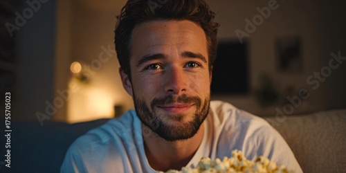Man Relaxing with Popcorn on Couch at Night