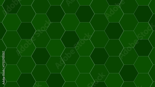 Abstract geometric pattern of overlapping hexagons in various shades of deep green