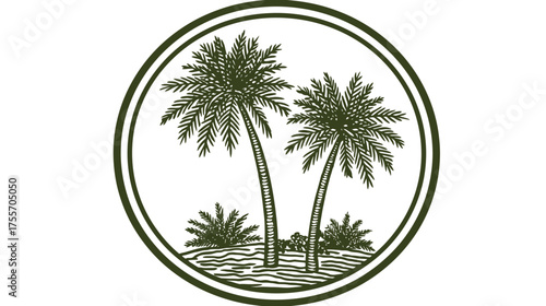 Two palms in double-lined circle, small shrubs, olive green on white