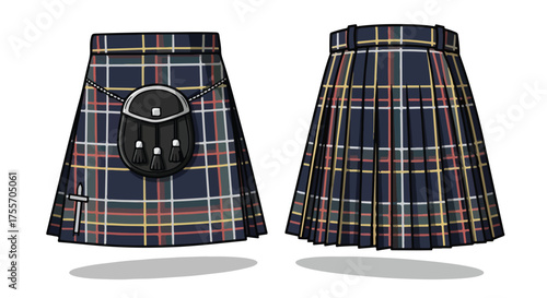 Detailed Illustration of Traditional Tartan Kilts Displaying Classic Scottish Heritage Apparel Depictions