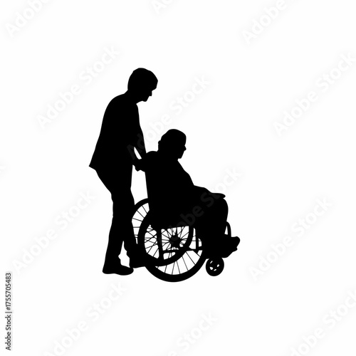 Silhouette of therapist assisting wheelchair user with hand movement training isolated on white background