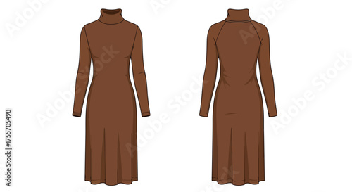 Brown turtleneck midi dress blueprint showcasing both the front and back design perspectives against a clean white backdrop