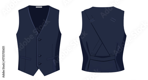 Sophisticated navy vest front and back illustration, representing classic menswear tailoring and elegance