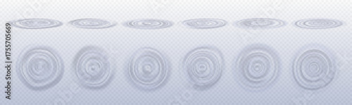 Water drop sound ripples collection with concentric circular waves on transparent liquid surface. Acoustic vibration effects and fluid dynamics top and side view for science or meditation visuals.