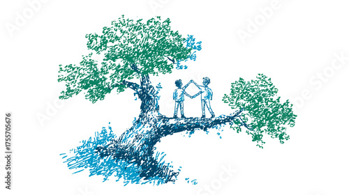 Two figures on a tree branch forming a diamond shape with their hands