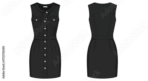 Modern Black Sleeveless Dress Flat Sketch Front and Back View Technical Drawing Detailed Design Template Fashion Illustration 150 characters