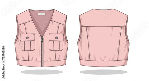 Technical flat sketch of a pink utility vest showcasing front and back views with detailed stitching and pockets design elements