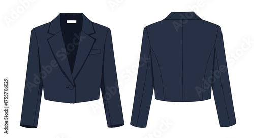 Stylized Illustration of a Cropped Navy Blue Blazer, Front and Back Views, Isolated on White Backdrop for Fashion Design and Product Mockups