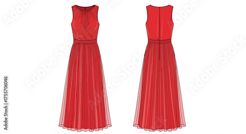 Elegant red maxi dress with a pleated skirt and crossover bodice: A stylish choice for special occasions and formal events