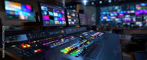 The Video Switcher Console in a Broadcast Control Room with Colorful LED Buttons and Monitors