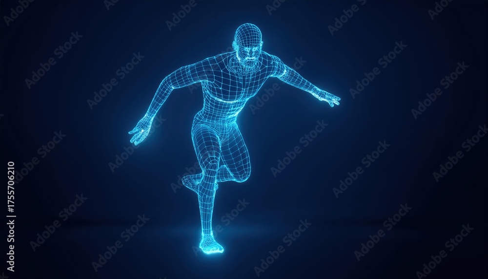 Fototapeta premium Dynamic movement of a parkour athlete in a wireframe design against a vibrant blue background showcasing athleticism and skill in an urban environment
