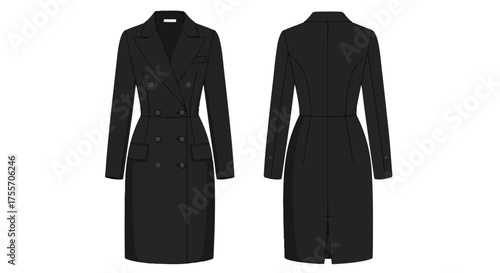 Technical Drawing of a Double-Breasted Black Wool Coat with Pockets and Fitted Silhouette, a Fashion Illustration Model, vector art