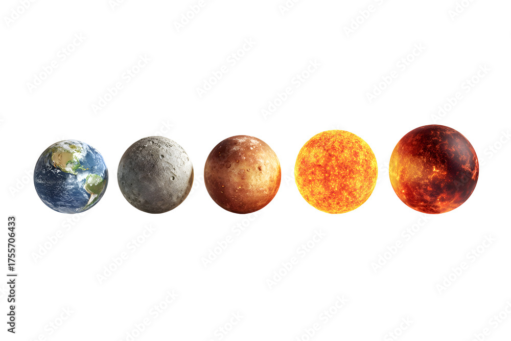 Fototapeta premium Celestial bodies in alignment featuring earth, moon, and planets in space design