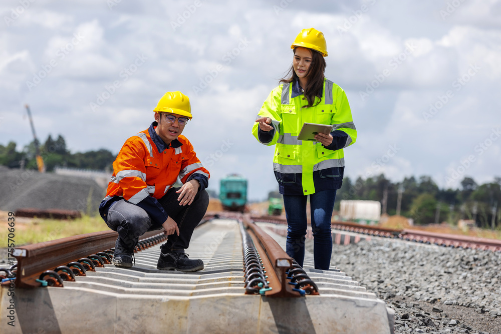 Fototapeta premium Two railway engineers inspecting rail track joints at a construction site. Infrastructure quality control, safety inspection.