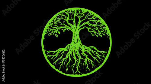 A vibrant green tree of life design, framed within an oval, set against a black background