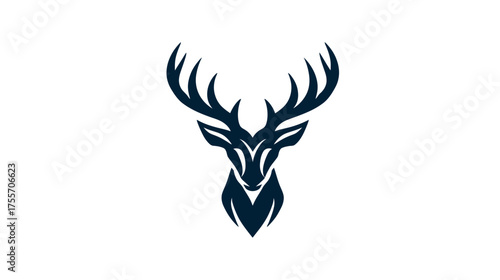 Stylized navy deer head with elaborate branching antlers against a white background