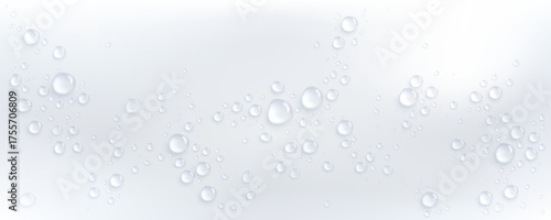 Wet white glass surface with crystal droplets and condensation for clean background. Fresh water beads or rain drops on window. Pure moisture texture with spherical bubbles. Teardrop overlay effect.