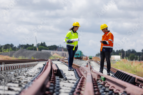 Two engineers wearing safety helmets and high-visibility jackets inspecting a railway track at a construction site.