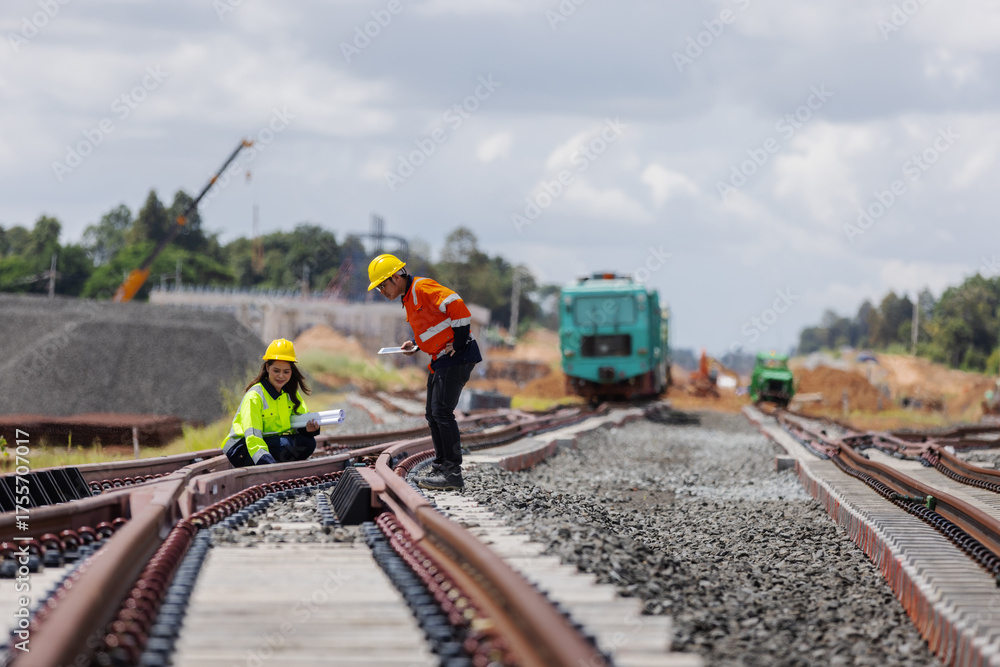 Naklejka premium Two railway engineers wearing helmets and reflective jackets inspect rail tracks under construction, reviewing blueprints and site details. 