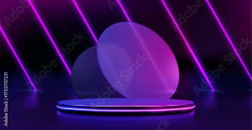 Neon podium with purple blue gradient lighting and laser beams for futuristic product display. Glowing platform with geometric shapes and illumination for technology showcase or cyber presentation.