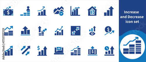 Icon set increase and decrease, outline, United States, dollar, USD, white, cash, investment, collection, higher, banking, dollar, button, flat, cost, sale, decrease, money, increase and more