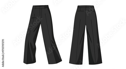 Technical fashion illustration showcasing a pair of wide-leg trousers in a dark hue, from the front and back, isolated on a white background
