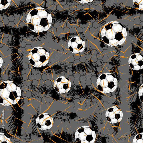 Modern football texture with black and white soccer balls on gray background and orange splashes. Ideal for streetwear, sports branding, posters, and athletic textile design.