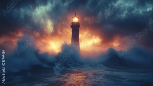 lonely lighthouse, storm at sea, moody atmosphere