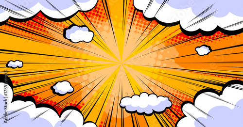 Comic superhero background with motion effect and clouds. Vector cartoon illustration of empty speech bubbles on orange backdrop, super power speed lines, anime style frame, retro manga book design