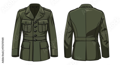 Detailed illustration showcasing front and back views of an olive drab military style dress uniform jacket on white background