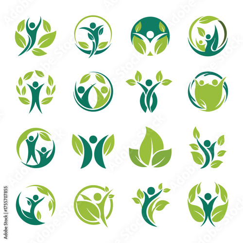 Vector collection of green nature logos featuring abstract people and leaves for wellness ecology and life concepts.